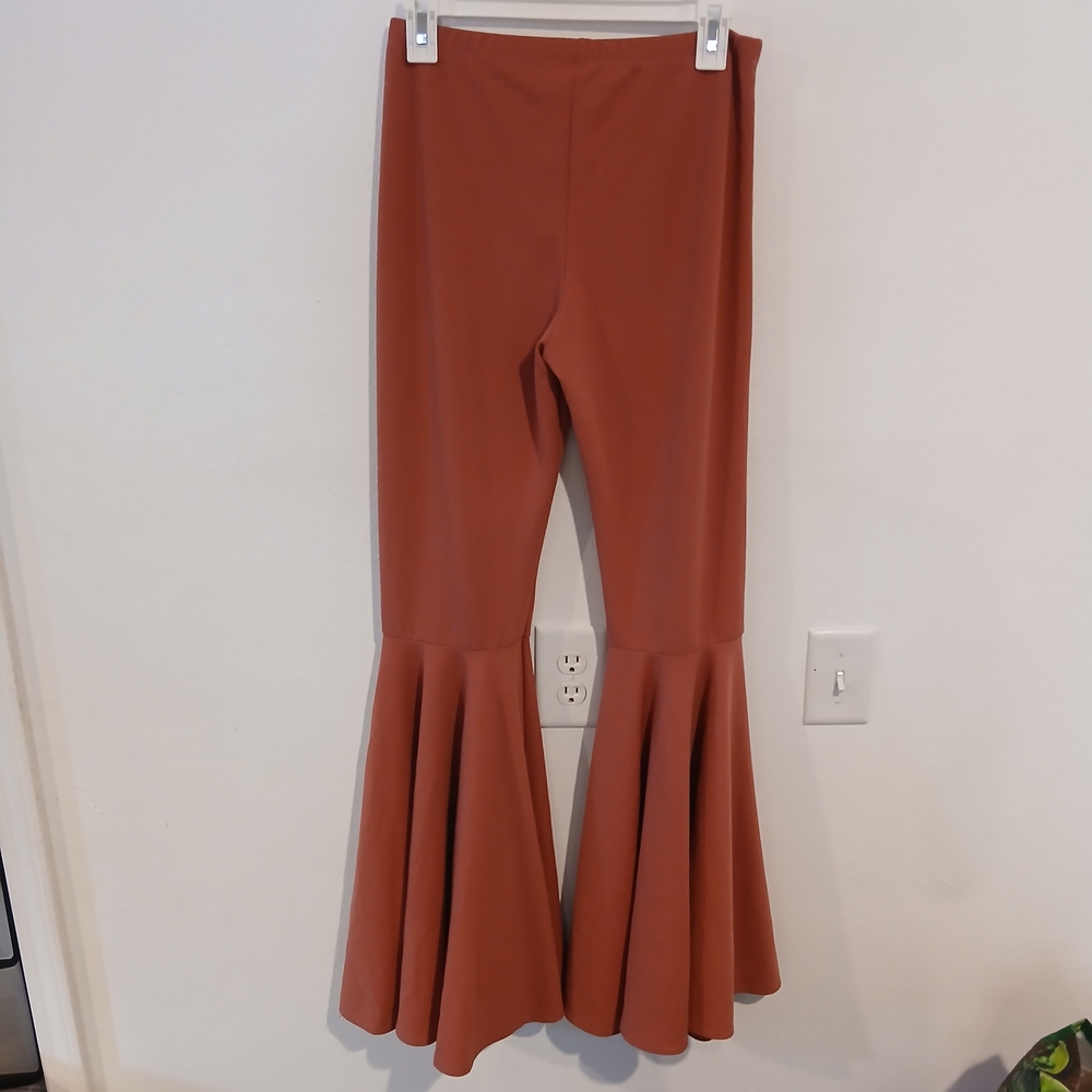 Dusty Pink Dramatic Flared Bell Bottom Pants 70s Style Size L - Picture 2 of 9